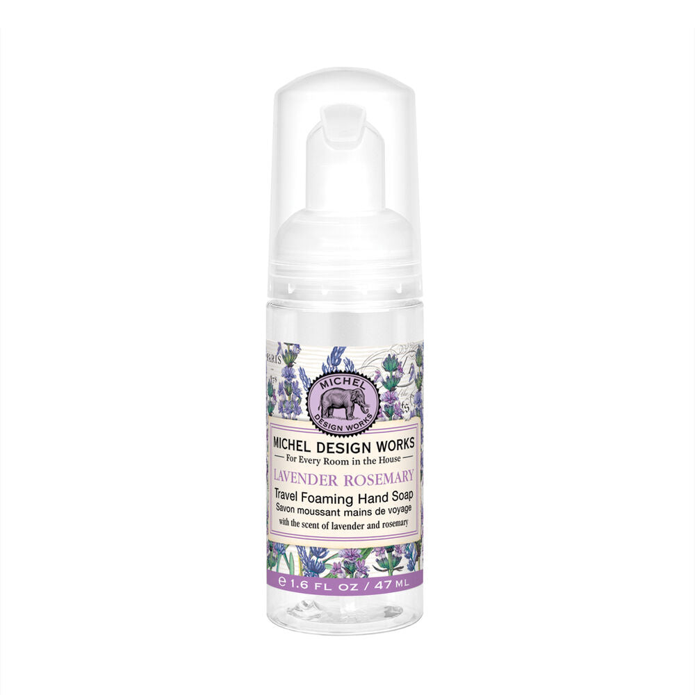 This is a Lavender Rosemary Travel foaming hand soap. The formula is enriched with shea butter for extra skin softness. It comes in a convenient white dispenser, decorated with delicate floral graphics to complement your space decor. The label presents an artistic interpretation of lavender and rosemary plants and includes descriptive text about the product&