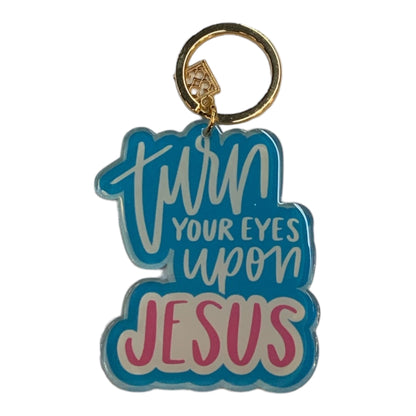 Mary Square Acrylic Keychain, gold ring, blue-and-white tag with “Turn your eyes upon JESUS” in bold pink. Sizes: standard.