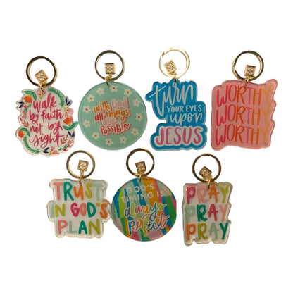 Mary Square Acrylic Keychain set of 7, each with Christian phrases; sizes: 2"x1". Compact, colorful, and encouraging.