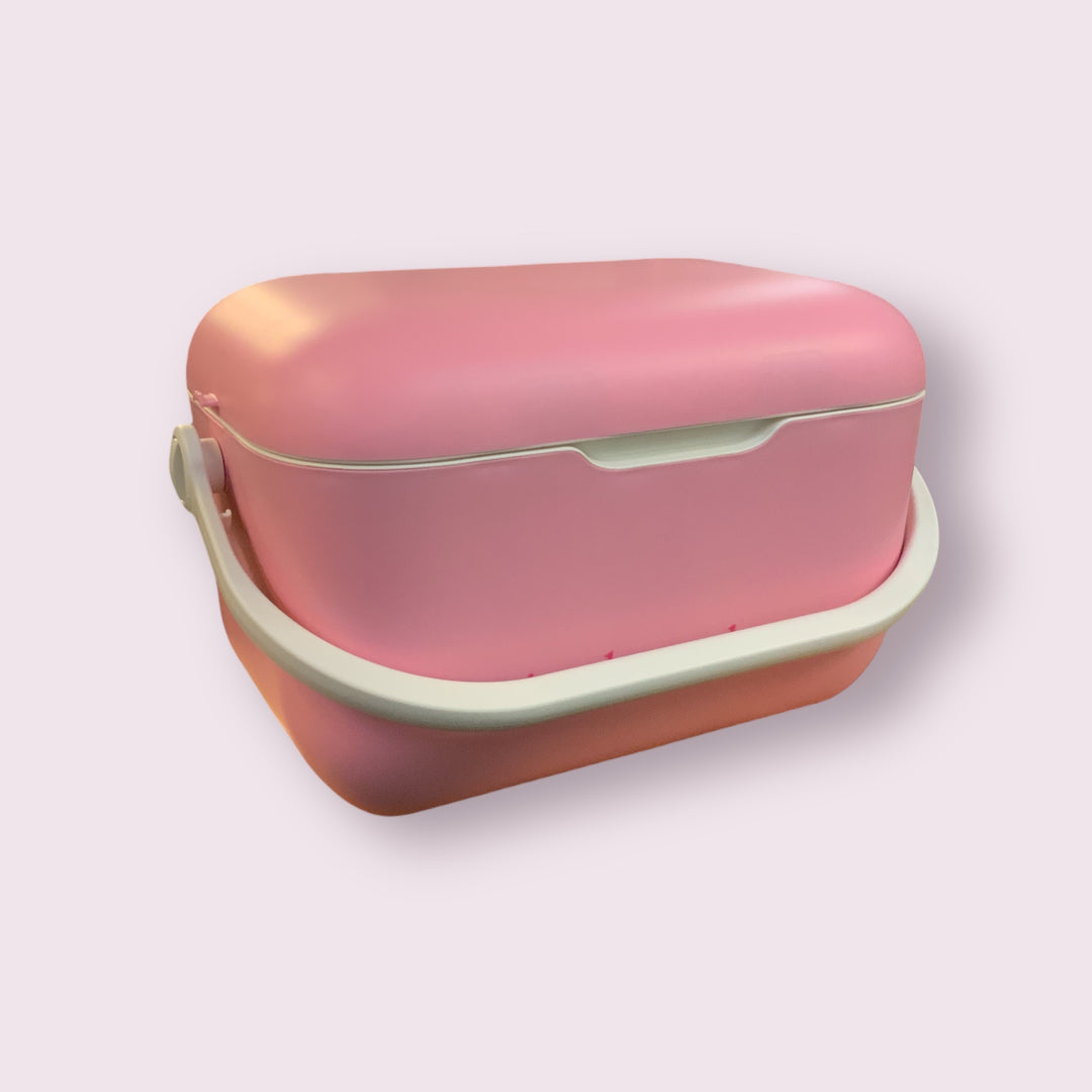 Pink rectangular lunchbox with rounded edges, sturdy handle, and snap closure. Available in small, medium, and large sizes.
