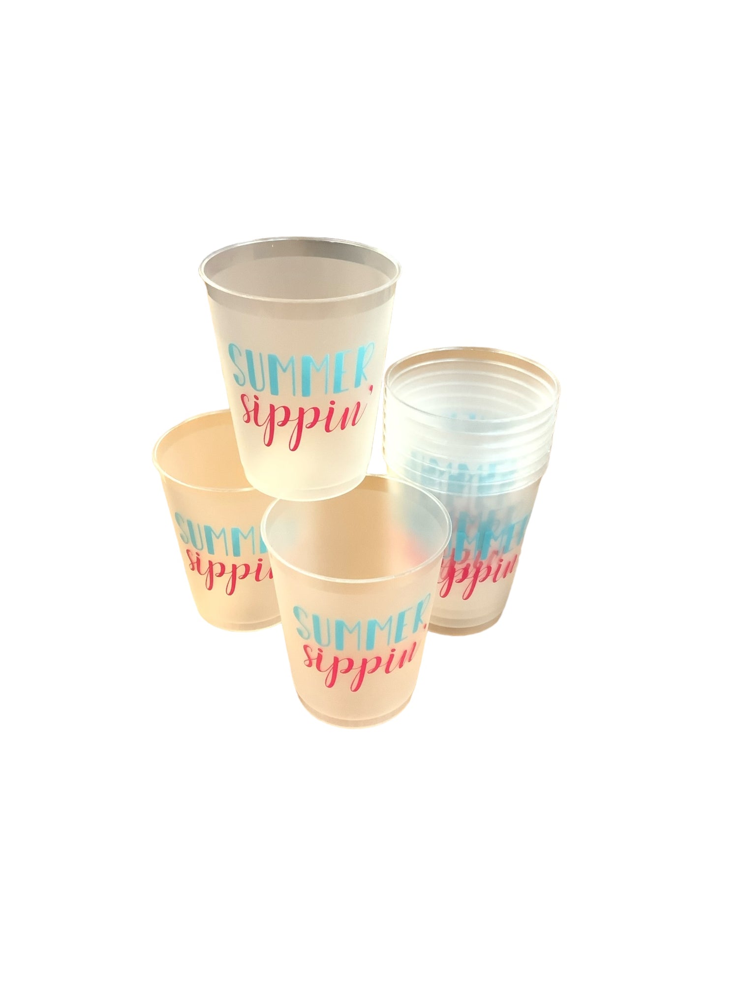 These 8 ounce plastic cups have Summer sipping their party cups frosted Summer is in blue and Sippin is in red