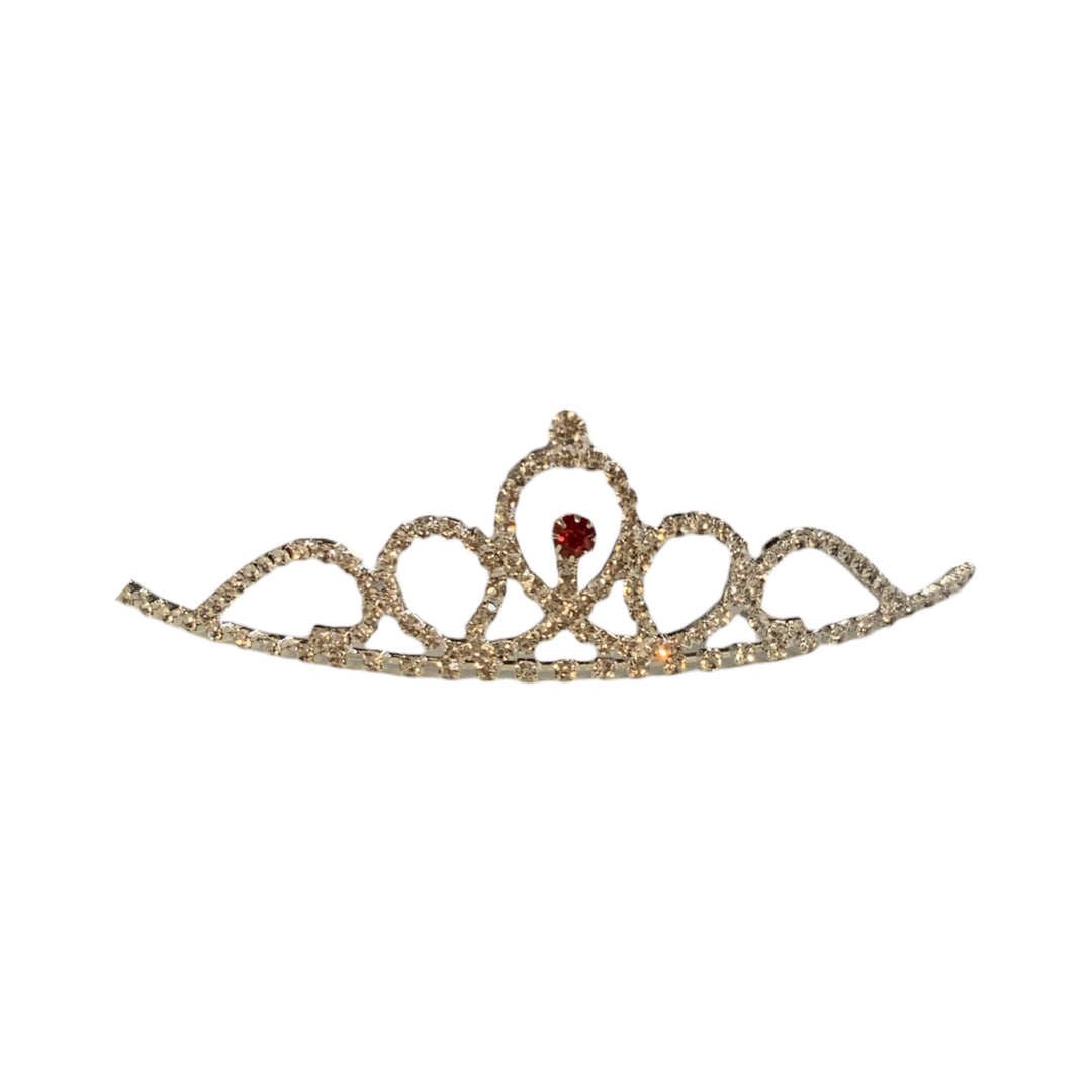 Children’s Rhinestone Crown: gold loops, clear rhinestones, red center gem. Available in child sizes.