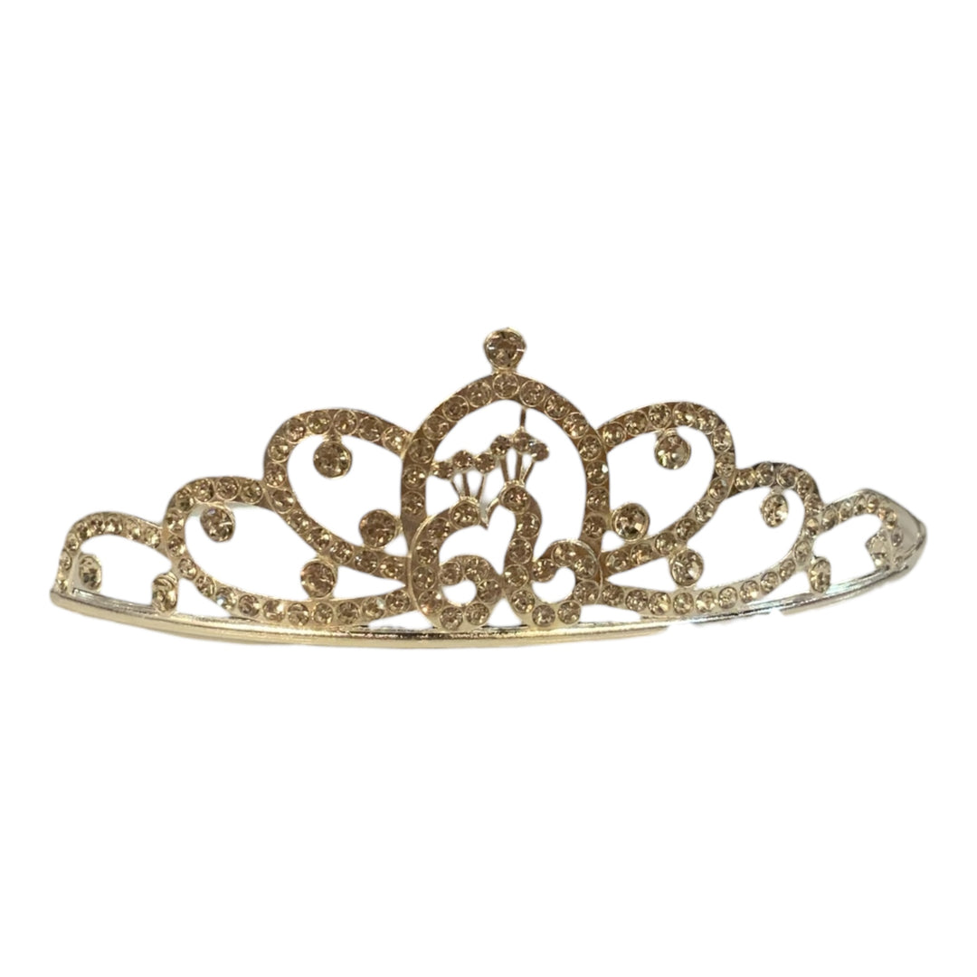 Gold children’s tiara with rhinestones, swirls, heart detail. Available in small and medium sizes.
