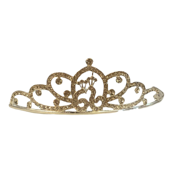 Gold children’s tiara with rhinestones, swirls, heart detail. Available in small and medium sizes.