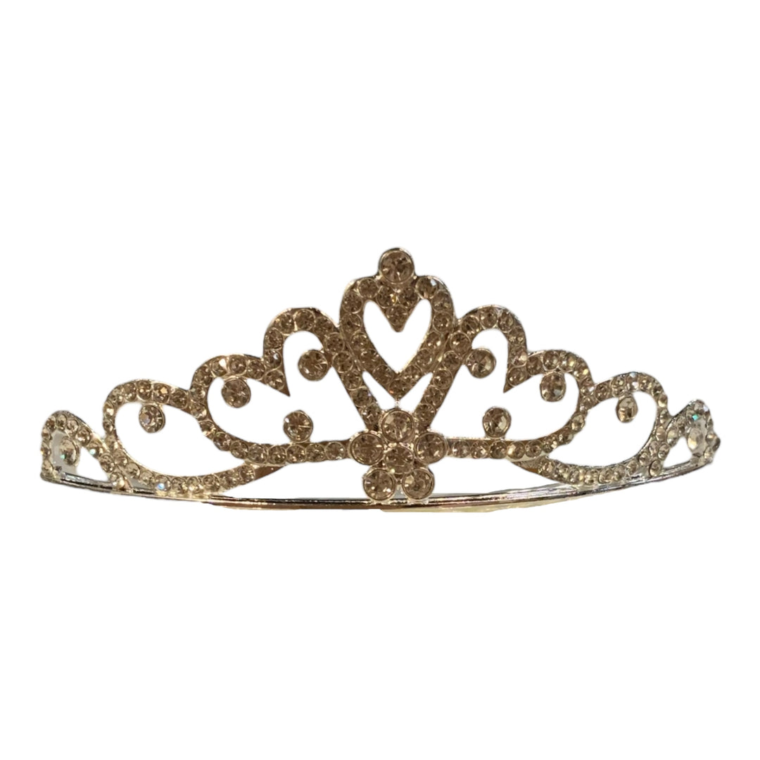 Gold children’s crown with rhinestones, heart center, and swirls. Available in small, medium, and large sizes.
