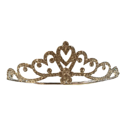 Gold children’s crown with rhinestones, heart center, and swirls. Available in small, medium, and large sizes.