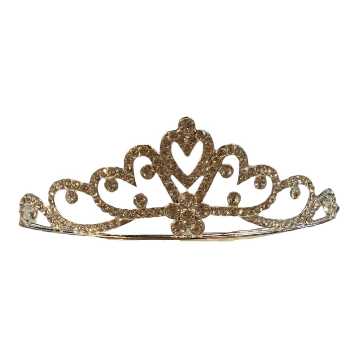 Gold children’s crown with rhinestones, heart center, and swirls. Available in small, medium, and large sizes.