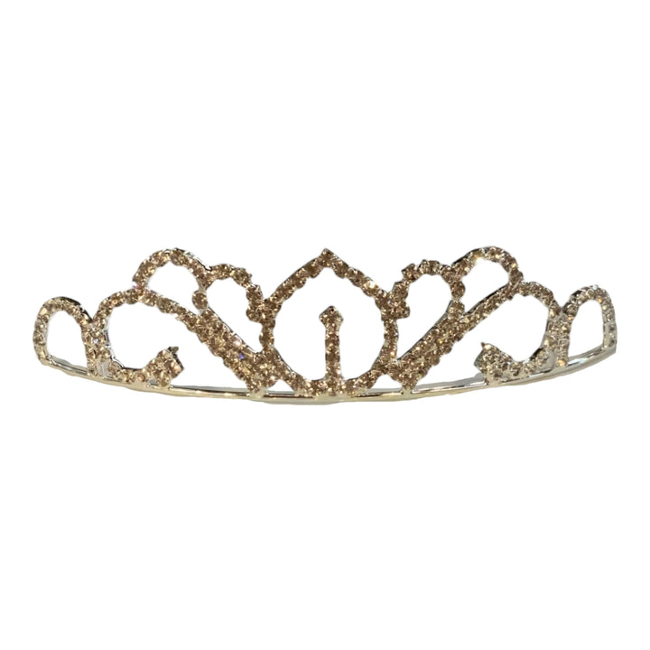 Sparkling children’s rhinestone crown with intricate gold loops. Available in small and medium sizes.