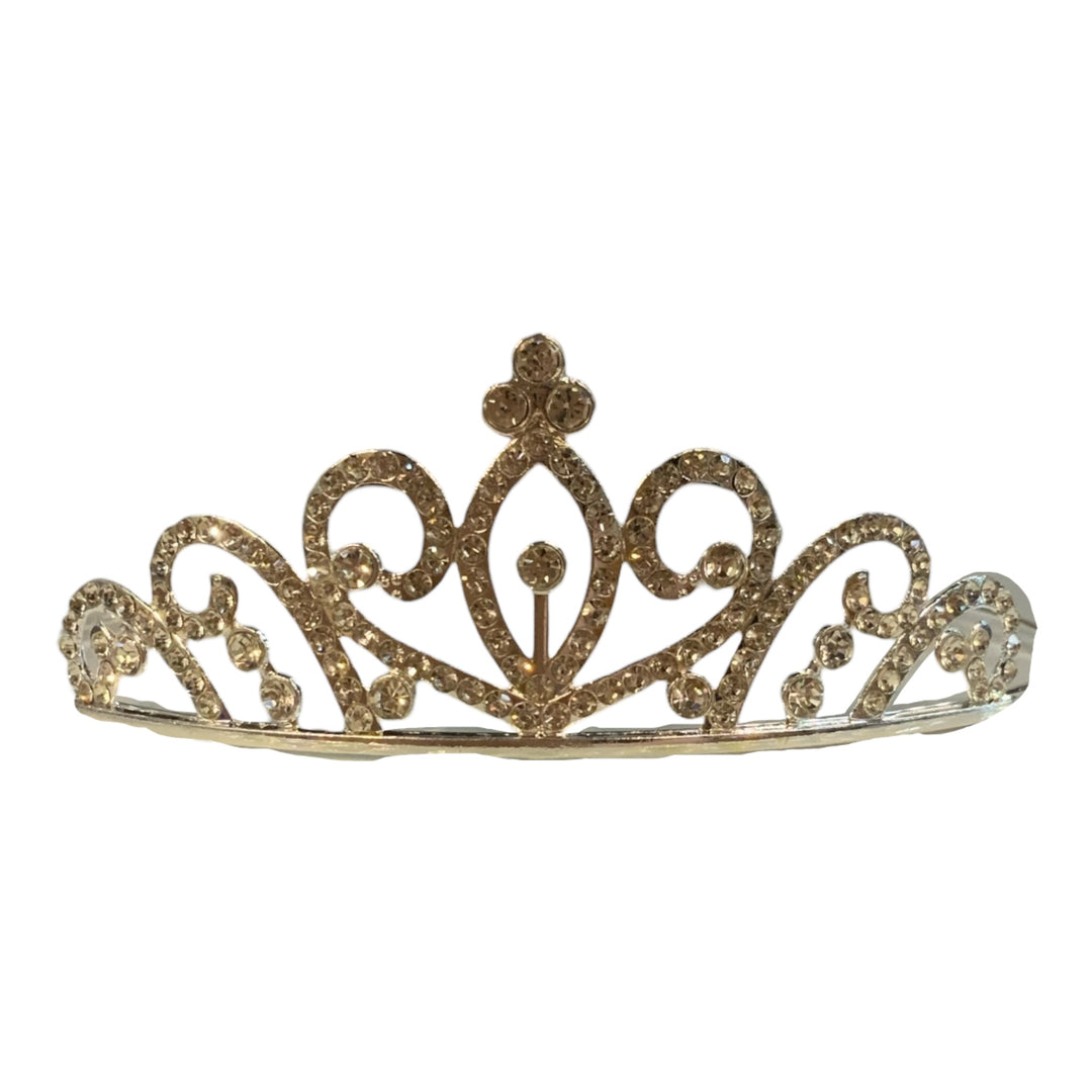 Children’s Rhinestone Crown with sparkling gems and intricate swirls, available in small, medium, and large sizes.