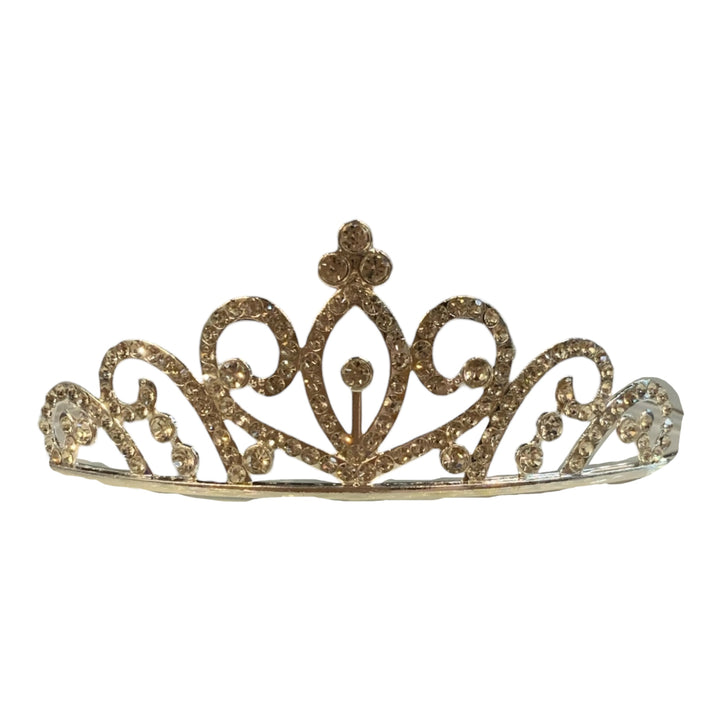 Children’s Rhinestone Crown with sparkling gems and intricate swirls, available in small, medium, and large sizes.
