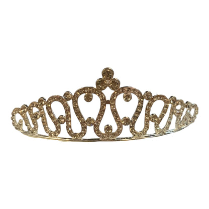 Children’s Rhinestone Crown with ornate gold swirls, sparkling stones, and intricate loops. Available in sizes S, M, and L.