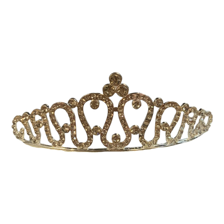 Children’s Rhinestone Crown with ornate gold swirls, sparkling stones, and intricate loops. Available in sizes S, M, and L.