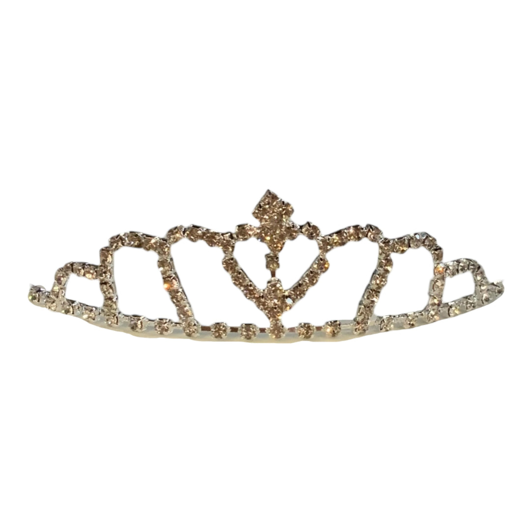 Delicate gold children’s rhinestone crown, symmetrical with central diamond accent. Available in small, medium, and large sizes.