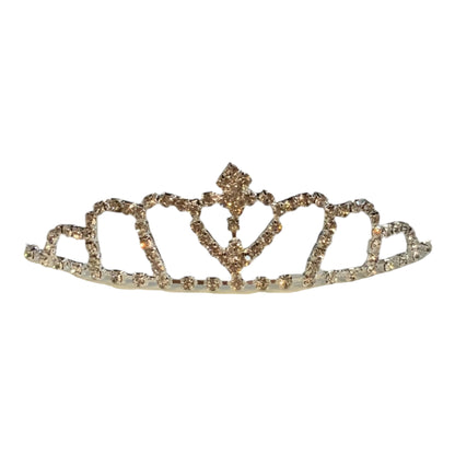 Delicate gold children’s rhinestone crown, symmetrical with central diamond accent. Available in small, medium, and large sizes.