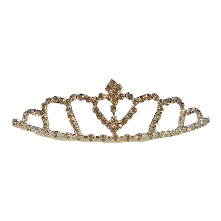 Delicate gold children’s rhinestone crown, symmetrical with central diamond accent. Available in small, medium, and large sizes.