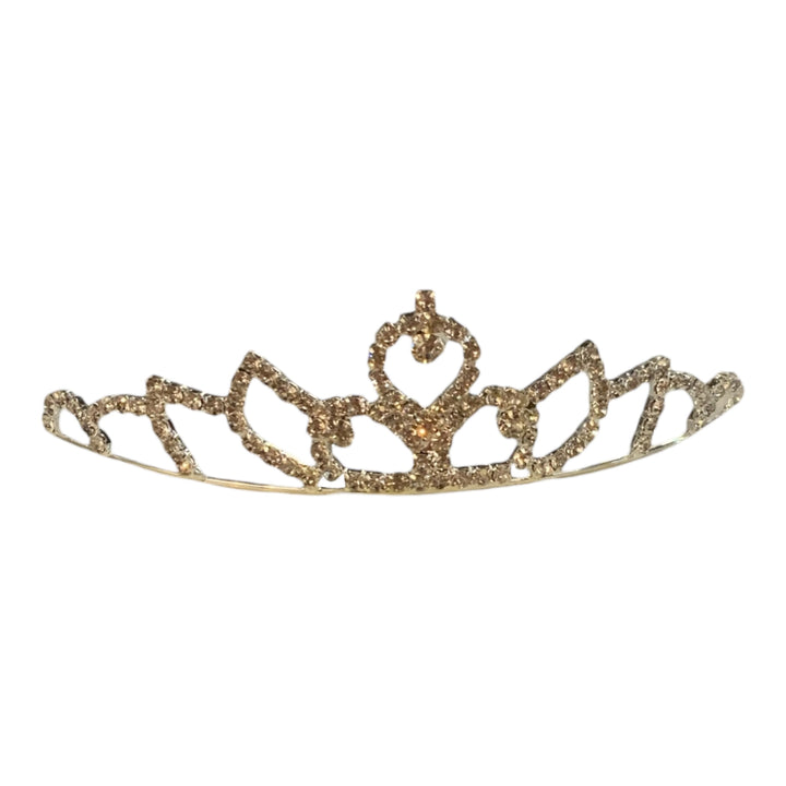 Children’s Rhinestone Crown with symmetrical gold design, sparkling rhinestones, decorative loops; available in S, M, L.