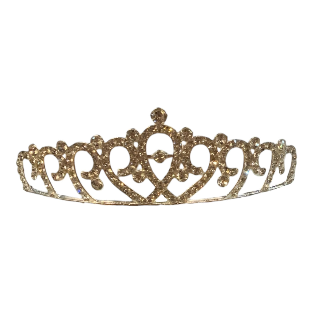 Children’s Rhinestone Crown with intricate swirling designs, sparkling gemstones, available in sizes S, M, and L.