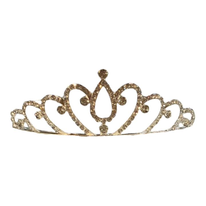 Silver-colored children’s tiara with ornate swirls and sparkling rhinestones. Available in multiple sizes.