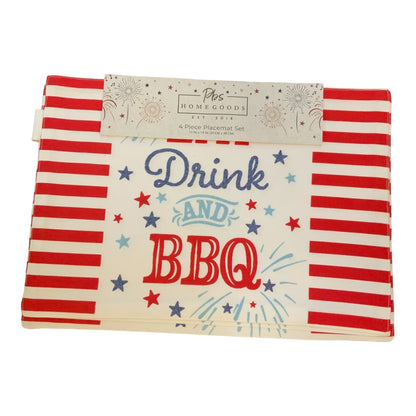 Set of 4 reusable Americana placemats, red/white stripes, "Drink and BBQ" text, starbursts. Size: 12"x18" each.