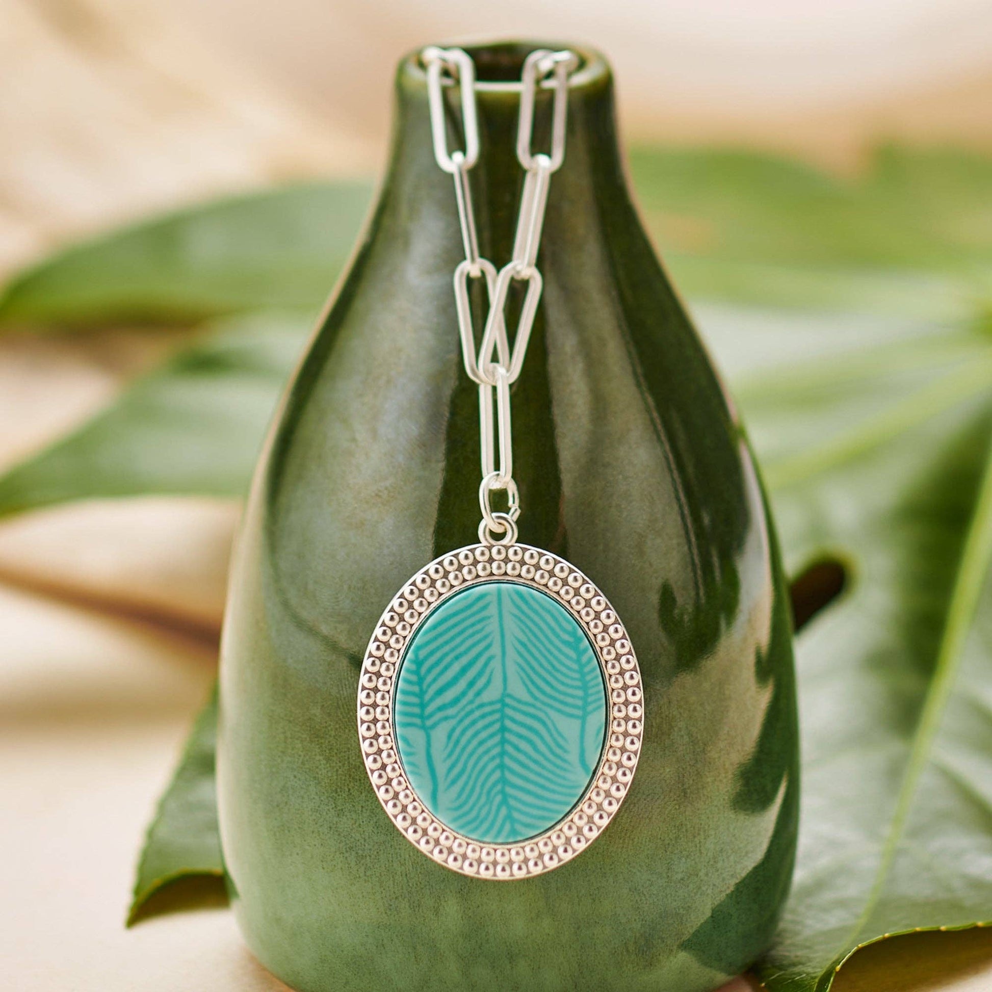 Seaside Green Reversible Link Medallion Necklace. Available sizes: Small, Medium, Large.