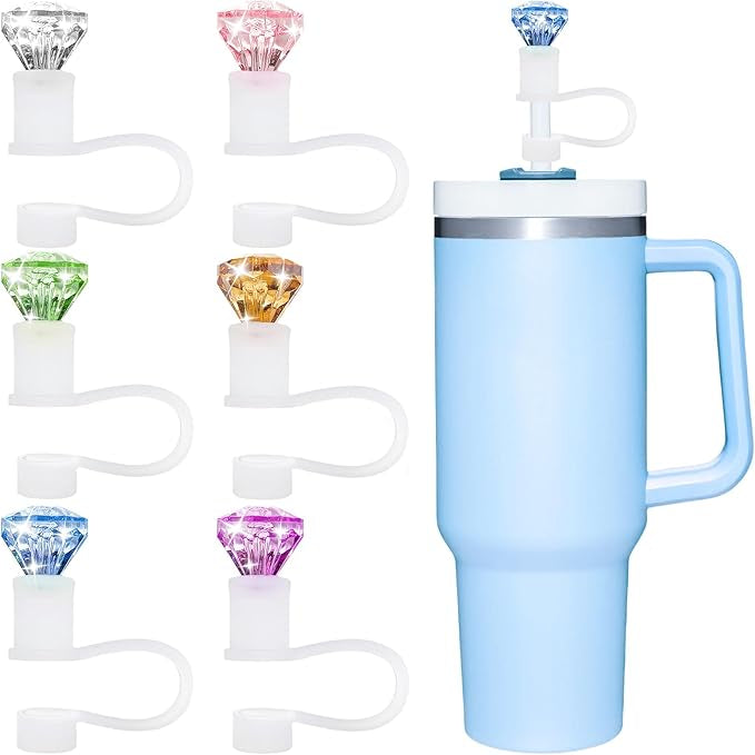 Light blue travel tumbler with handle; available in multiple sizes.