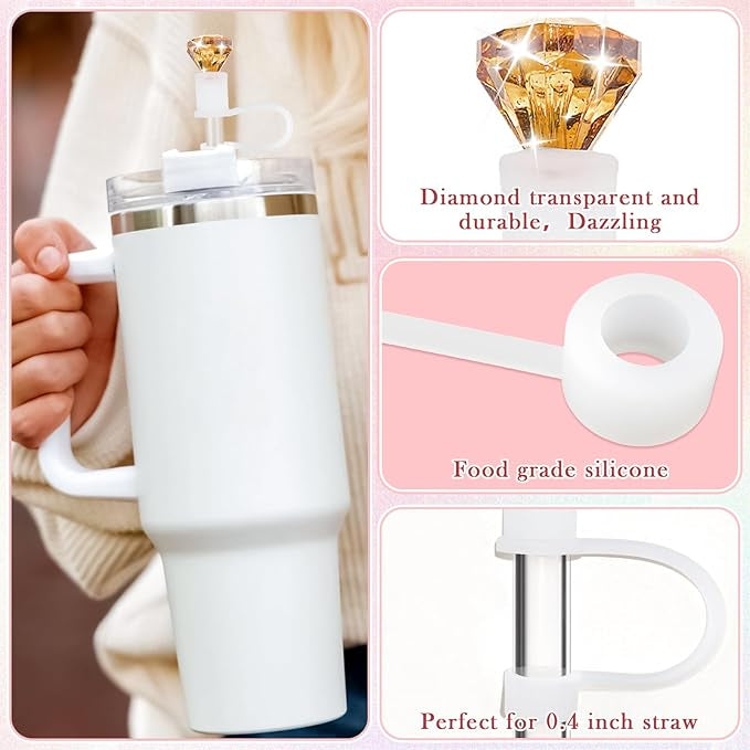 White tumbler with Diamond Straw Cover, diamond-shaped stopper, fits 0.4-inch straws; includes silicone ring.