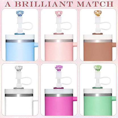 Diamond Straw Covers in blue, pink, yellow, clear, purple, and green; available in multiple sizes.