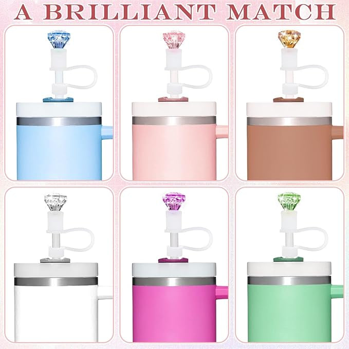 Diamond Straw Covers in blue, pink, yellow, clear, purple, and green; available in multiple sizes.