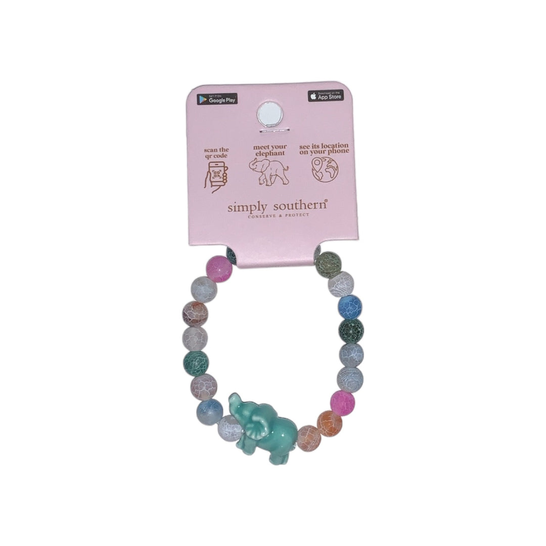 Multicolored bead bracelet with turquoise elephant charm, attached to pink info tag. Sizes available: one size fits most.