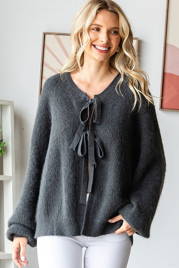 Ribbon Tie Long Sleeve Fuzzy Knit Cardigan