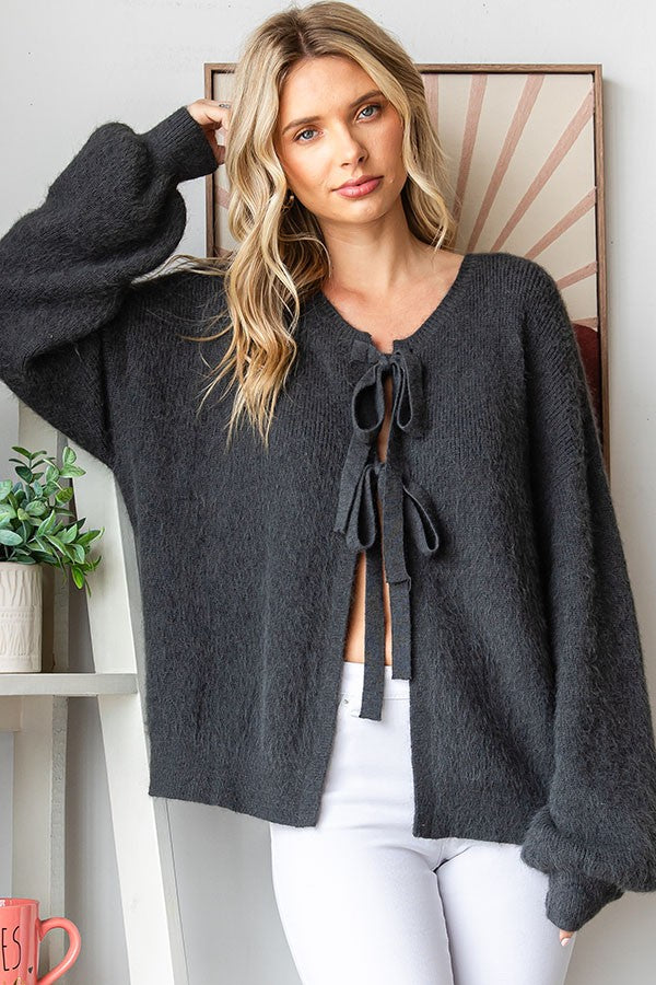 Ribbon Tie Long Sleeve Fuzzy Knit Cardigan