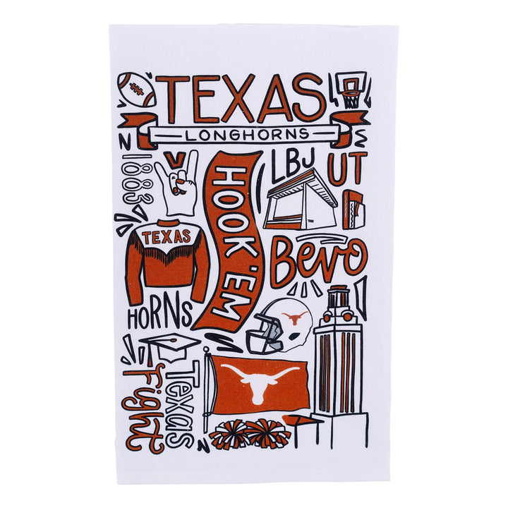 Orange and black Texas Longhorns tea towel, features campus icons and slogans. Available in 18"x28".