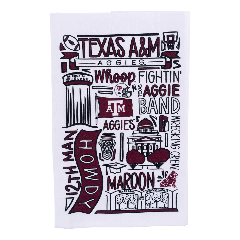 Maroon and black Texas A&M Collegiate Collage Tea Towels with Aggie-themed designs. Available in 16"x28" size.