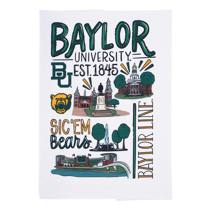 Baylor Collage Tea Towels with BU logo, bear, icons, phrases in green/gold. Sizes: 18"x28".