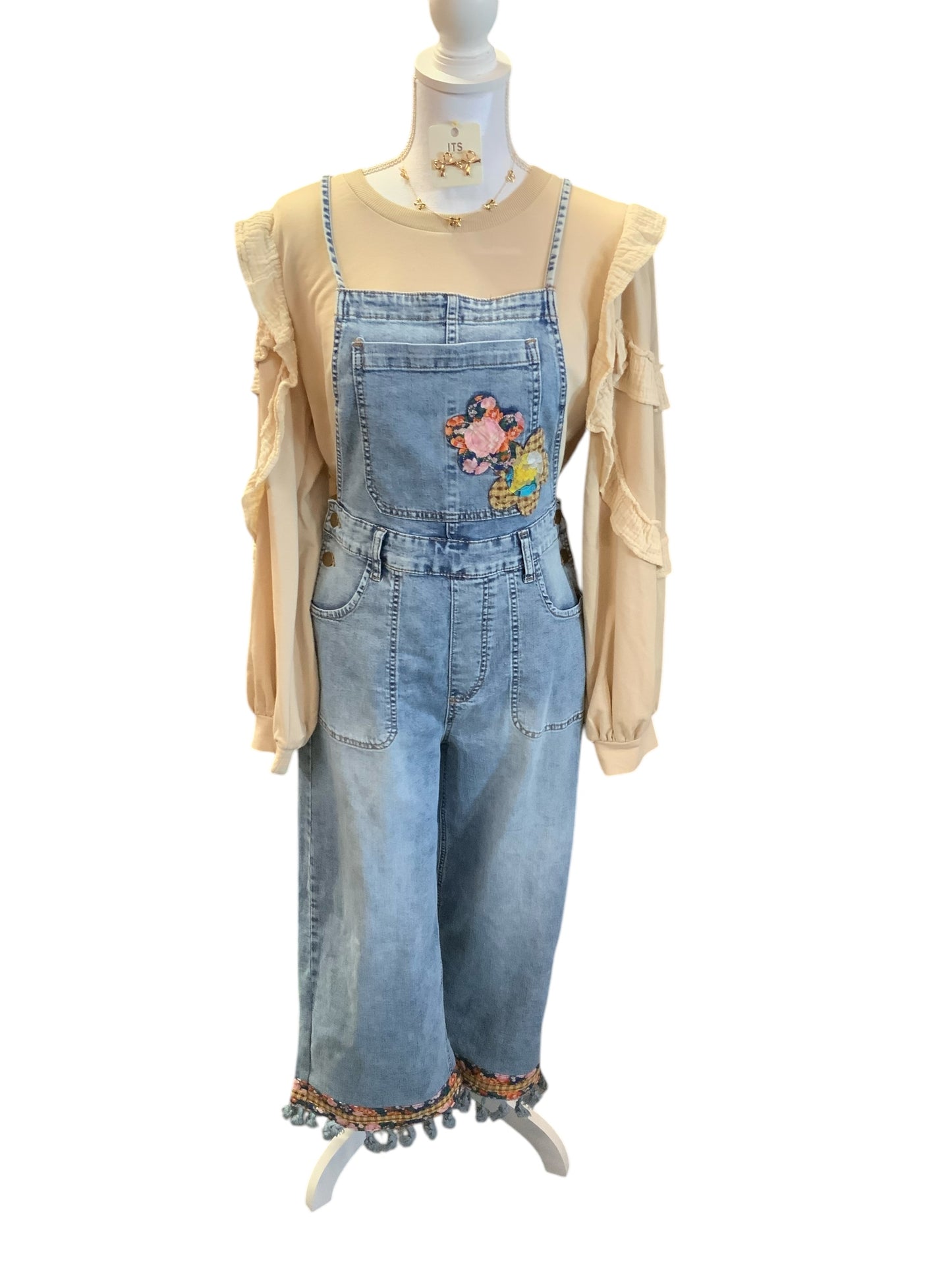 Flower Patch Front Washed Denim Overalls