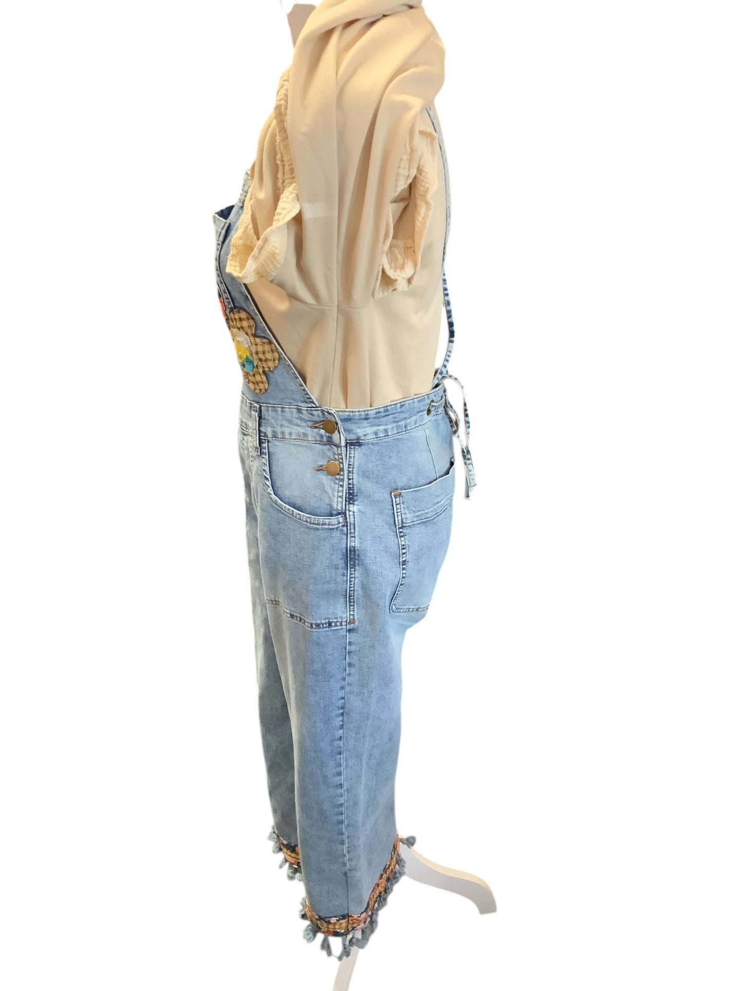 Flower Patch Front Washed Denim Overalls