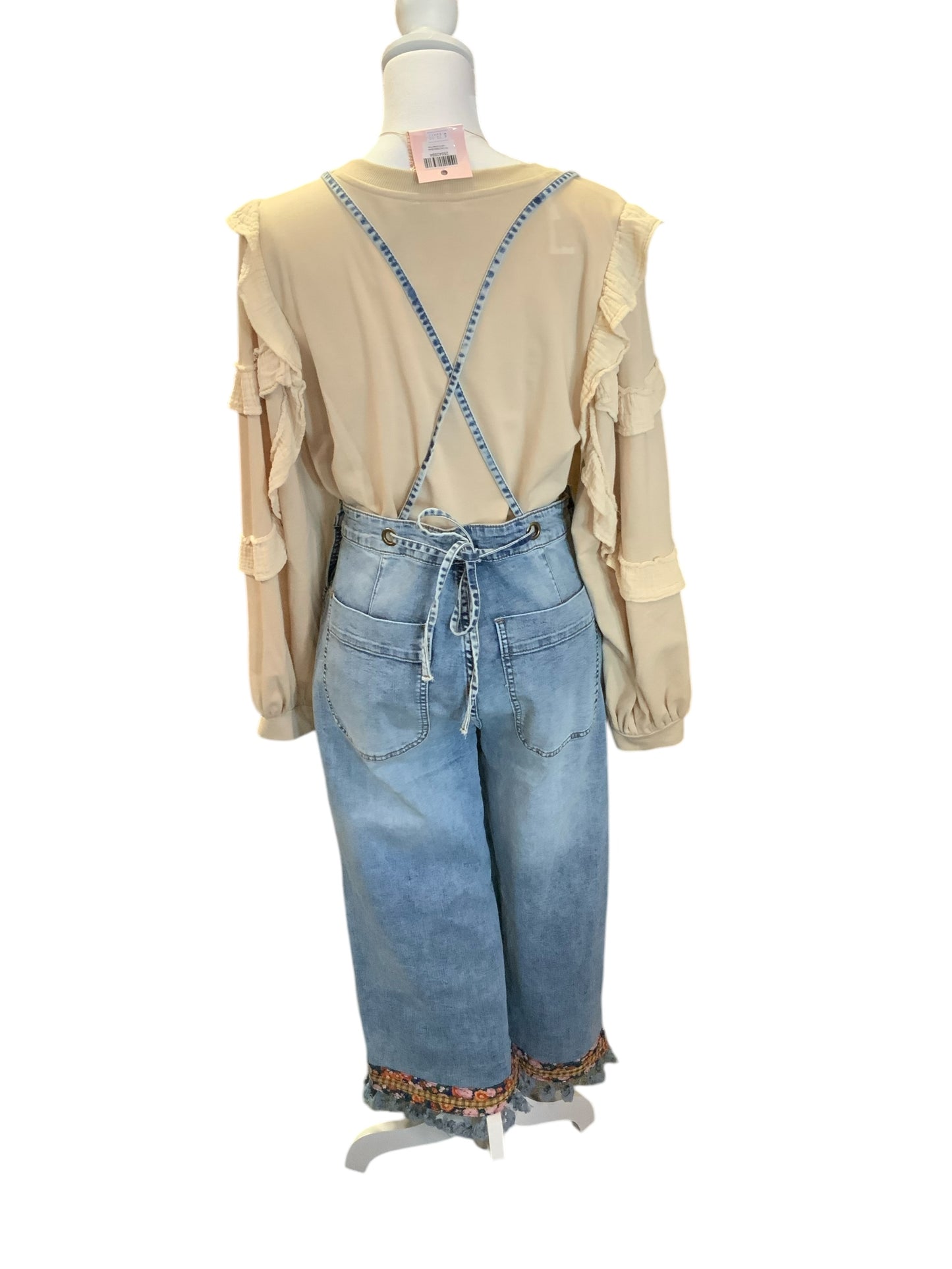 Flower Patch Front Washed Denim Overalls