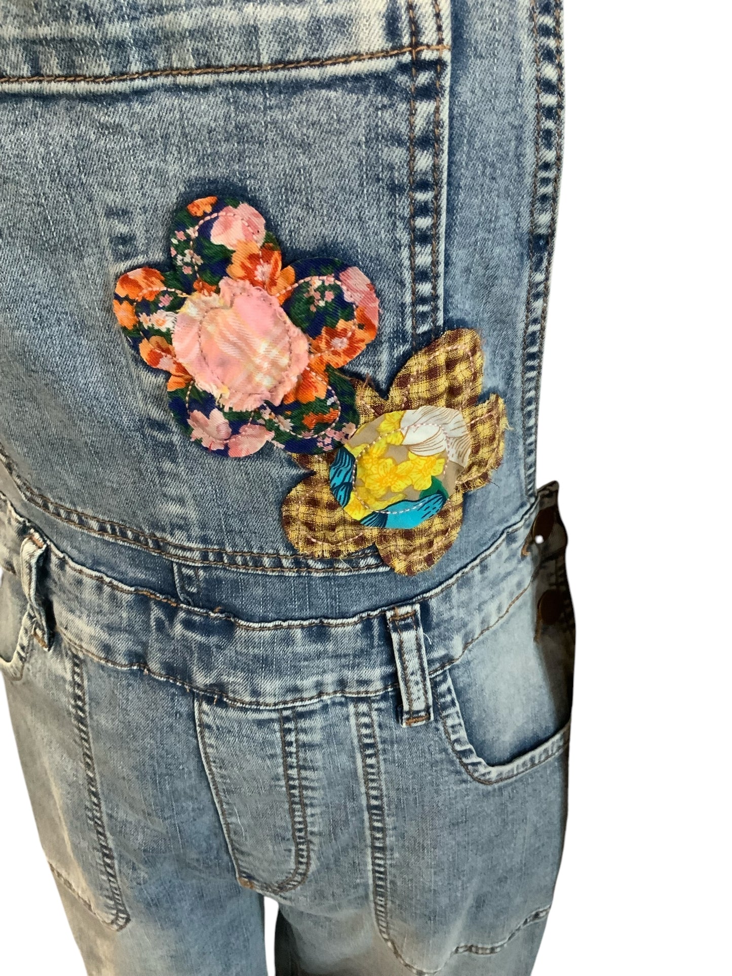 Flower Patch Front Washed Denim Overalls