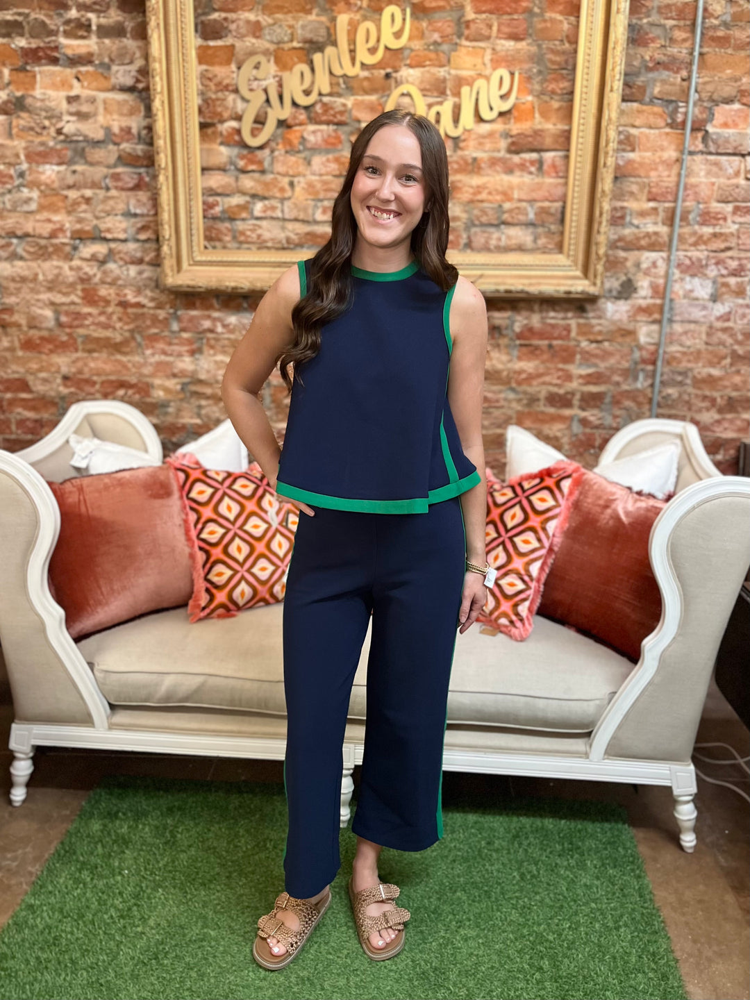 Contrast Swing Knit Pullover Top in navy blue and green, sleeveless, A-line silhouette; available in sizes XS–XL.