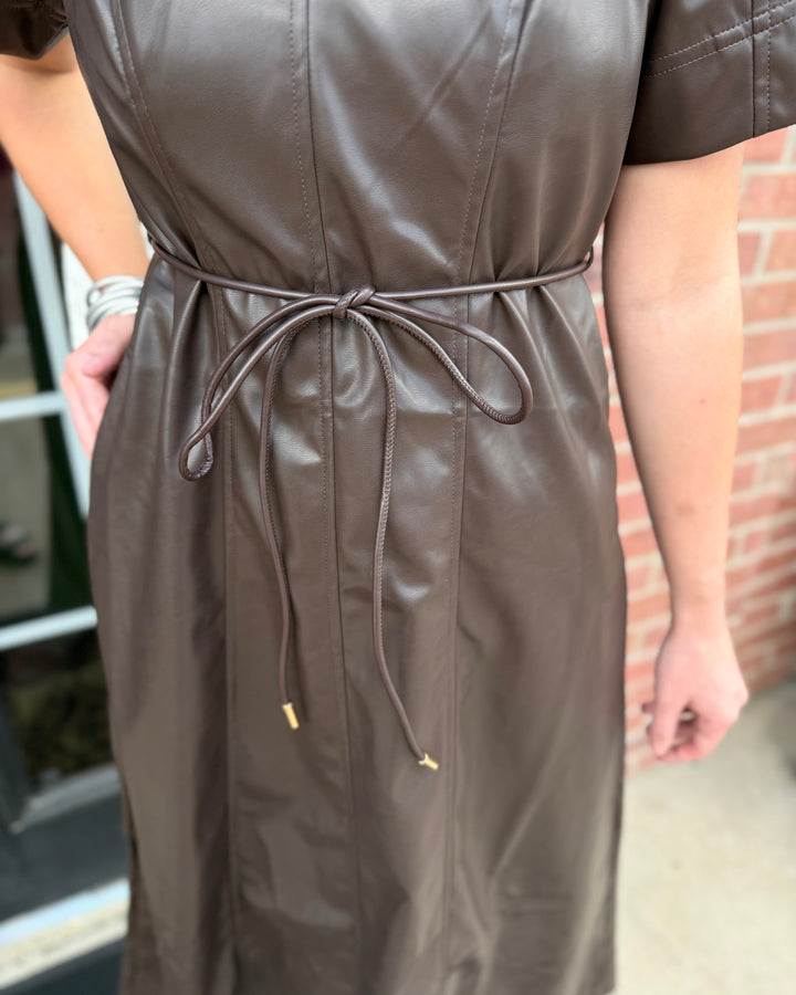 Brown Faux Leather Waist-Tie Midi Dress, available in sizes XS-XL.