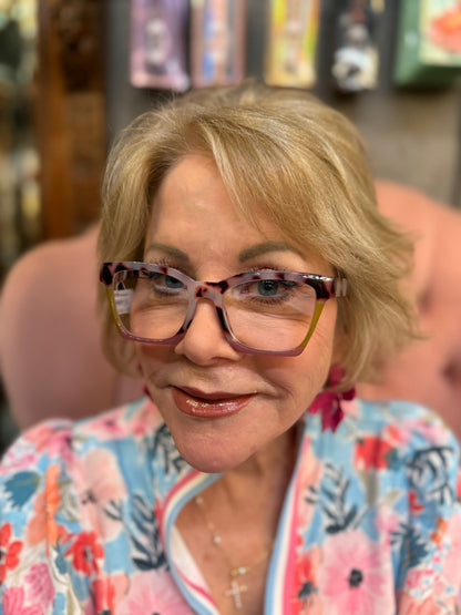 Peepers Birdie tortoiseshell blue light glasses shown; available in multiple sizes.