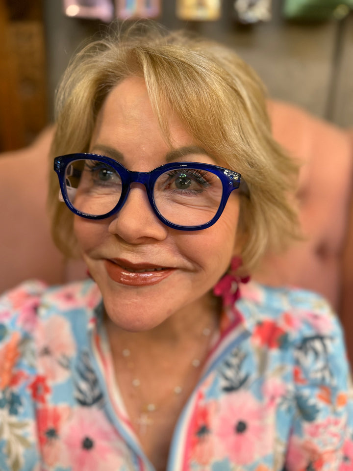 Peepers Galaxy blue light glasses shown; available in multiple sizes.