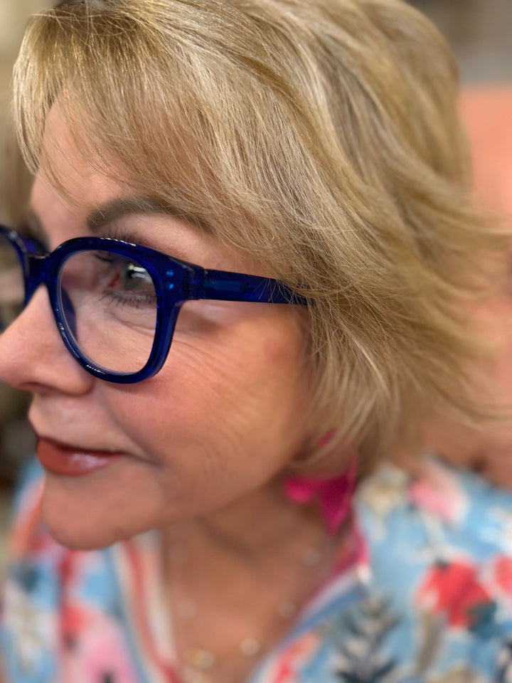 Peepers Galaxy bright blue eyewear shown; available in sizes small, medium, and large.