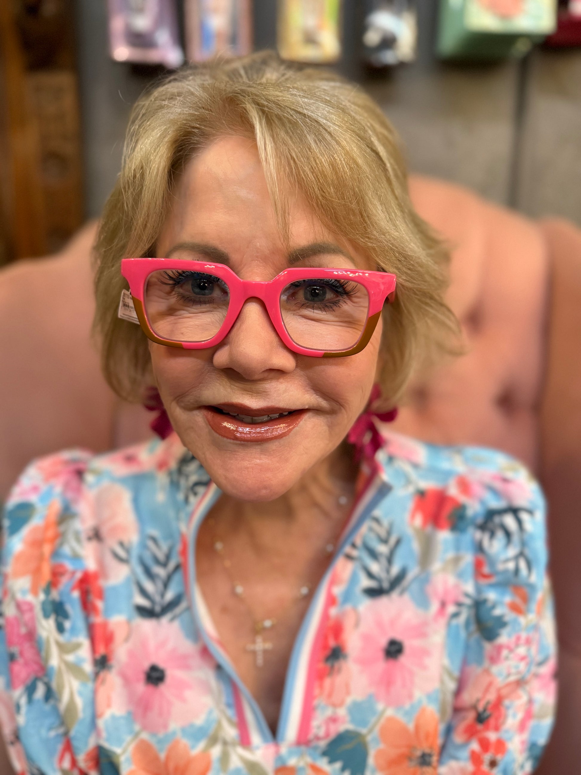 Peepers - Page bright pink blue light glasses shown. Available in sizes S, M, and L.