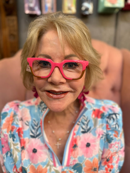 Peepers - Page bright pink blue light glasses shown. Available in sizes S, M, and L.