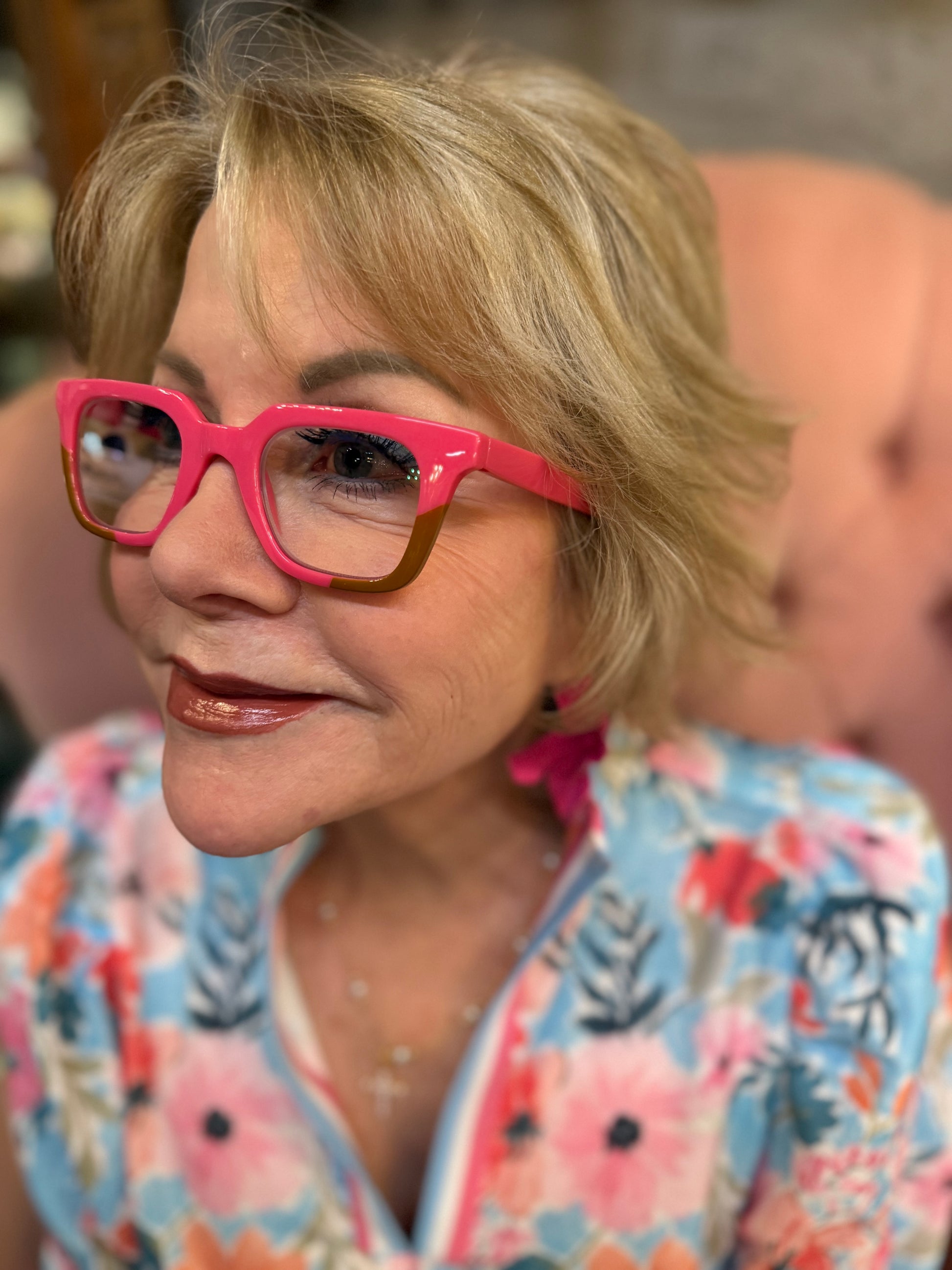 Peepers Page bright pink blue light glasses, UV400 protection, available in narrow, medium, and wide sizes.