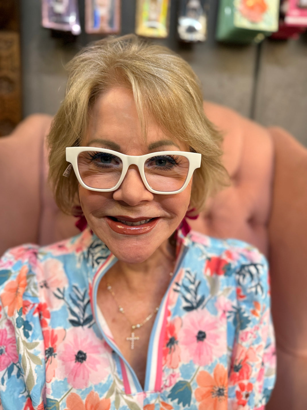 Peepers - Bernadette blue light glasses shown. Available in small, medium, and large sizes.