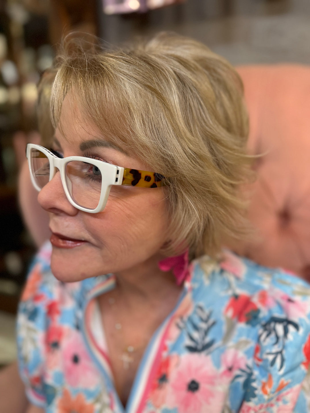 Peepers Bernadette blue light glasses with tortoiseshell arms. Available in sizes small, medium, and large.