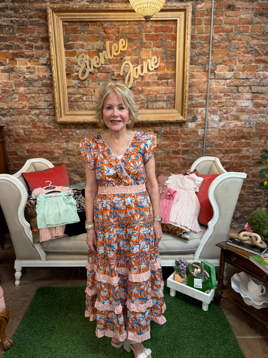 Mixed Floral Print Ruffle Trim Midi Dress