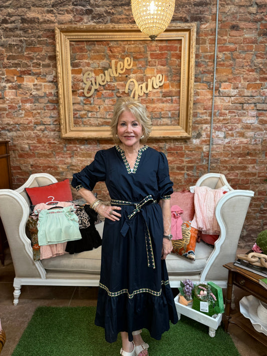 Kathy Embroidered Belt Midi Dress